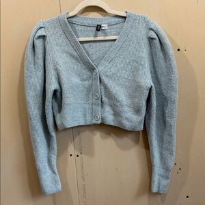 Divided Cropped V-Neck Cardigan - Light Blue